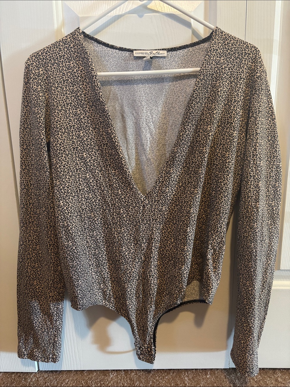 Express Taupe and Black Leopard V-Neck Long Sleeve Bodysuit